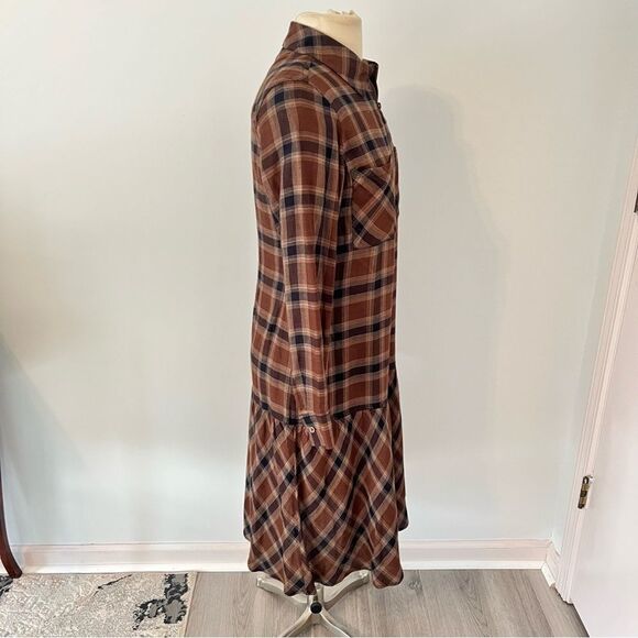 Soft Surroundings Dorset Drop Waist Flannel Midi Brown Plaid Dress Size Small - Picture 6 of 8